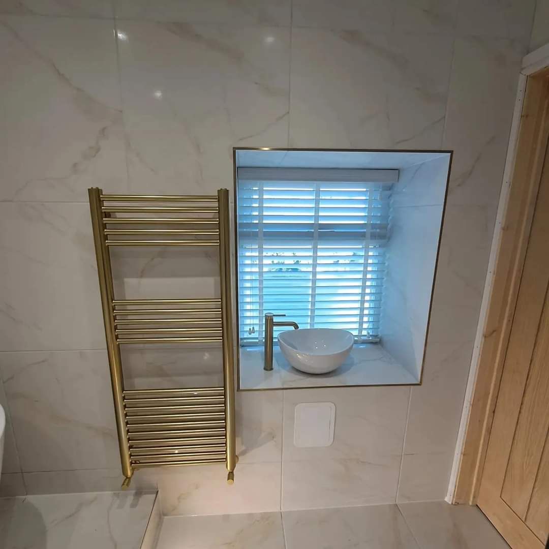Marble Vanity & Brushed Gold Towel Rail